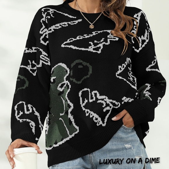 Knit Dinosaur Print Round Neck Long Sleeve Oversized Fun Pullover Sweater Shirt - Picture 2 of 9